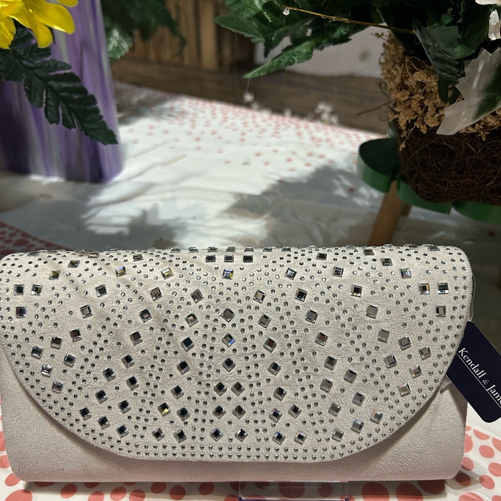 Kendall & James Bone Rhinestone Evening Clutch with chain crossbody